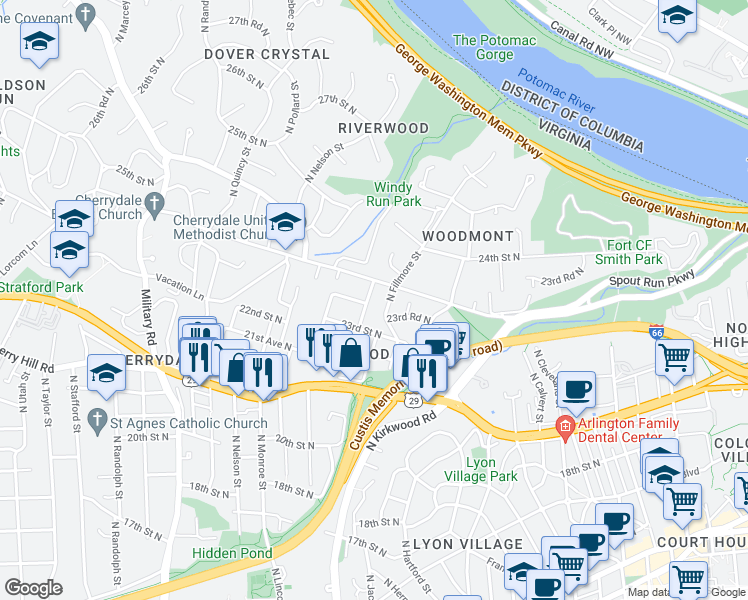 map of restaurants, bars, coffee shops, grocery stores, and more near 2325 North Jackson Street in Arlington