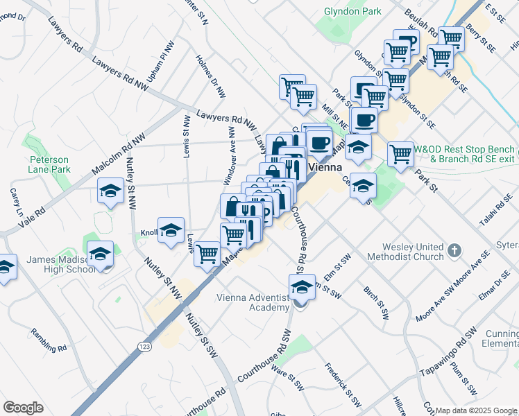 map of restaurants, bars, coffee shops, grocery stores, and more near 109 Market Square Northwest in Vienna