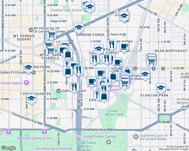 map of restaurants, bars, coffee shops, grocery stores, and more near 69 G Street Northwest in Washington