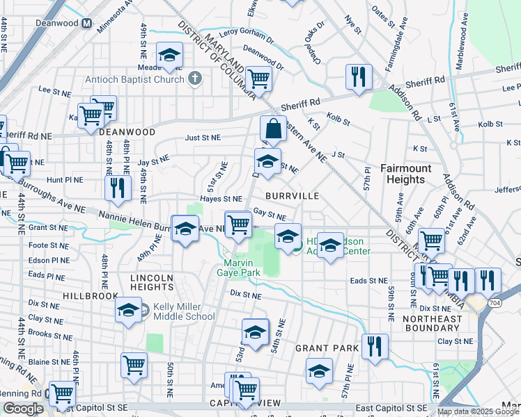 map of restaurants, bars, coffee shops, grocery stores, and more near 5316 Gay Street Northeast in Washington