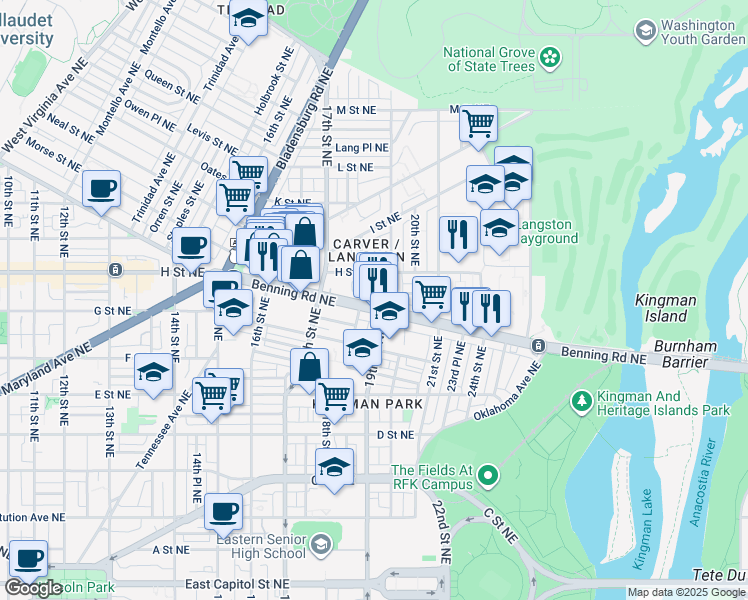 map of restaurants, bars, coffee shops, grocery stores, and more near 1814 Benning Road Northeast in Washington