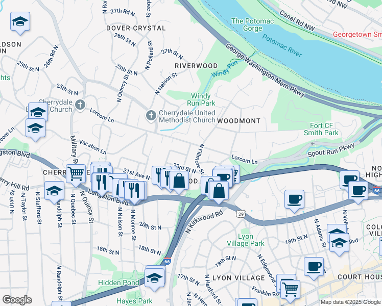 map of restaurants, bars, coffee shops, grocery stores, and more near 2325 North Jackson Street in Arlington