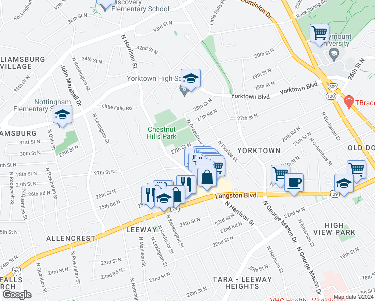 map of restaurants, bars, coffee shops, grocery stores, and more near 5324 27th Street North in Arlington