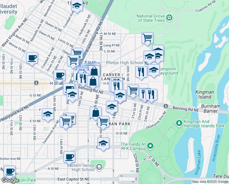 map of restaurants, bars, coffee shops, grocery stores, and more near 101 Independence Avenue Southeast in Washington