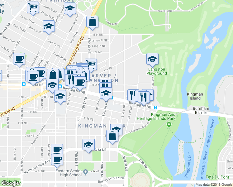 map of restaurants, bars, coffee shops, grocery stores, and more near 1931 Bennett Place Northeast in Washington