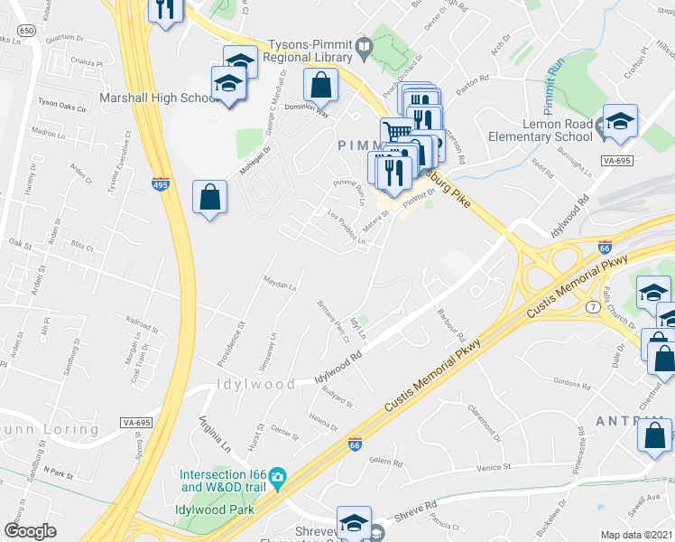map of restaurants, bars, coffee shops, grocery stores, and more near 2300 Pimmit Drive in Falls Church