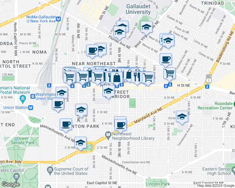 map of restaurants, bars, coffee shops, grocery stores, and more near 708 8th Street Northeast in Washington