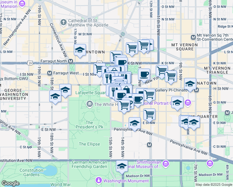map of restaurants, bars, coffee shops, grocery stores, and more near 1445 New York Avenue Northwest in Washington