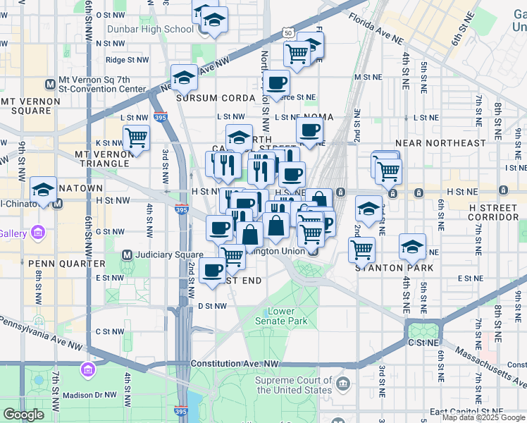 map of restaurants, bars, coffee shops, grocery stores, and more near 3 G Street Northwest in Washington