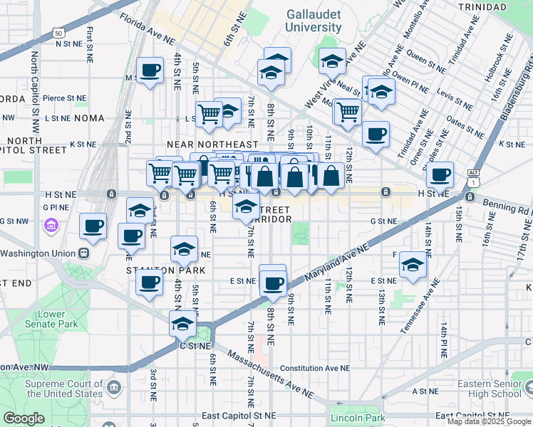 map of restaurants, bars, coffee shops, grocery stores, and more near 708 8th Street Northeast in Washington