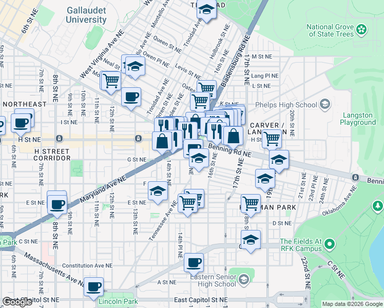 map of restaurants, bars, coffee shops, grocery stores, and more near 101 Independence Avenue Southeast in Washington