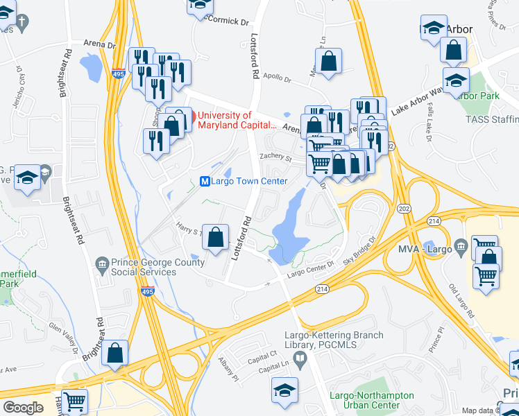 map of restaurants, bars, coffee shops, grocery stores, and more near 8951 Town Center Circle in Upper Marlboro