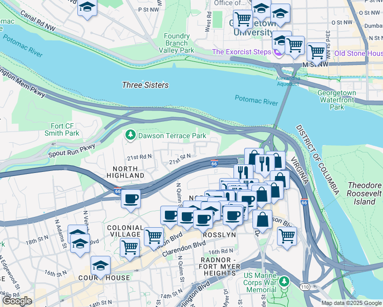 map of restaurants, bars, coffee shops, grocery stores, and more near 2100 North Pierce Street in Arlington