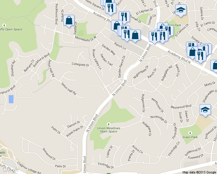 map of restaurants, bars, coffee shops, grocery stores, and more near 2312 Conservatory Point in Colorado Springs