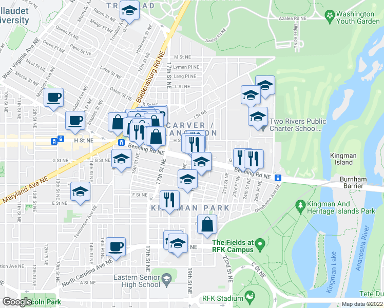 map of restaurants, bars, coffee shops, grocery stores, and more near 101 Independence Avenue Southeast in Washington