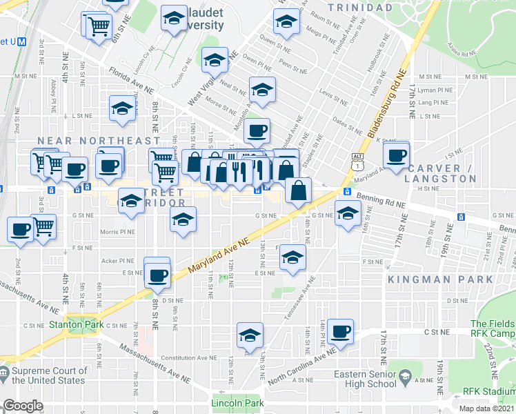 map of restaurants, bars, coffee shops, grocery stores, and more near 101 Independence Avenue Southeast in Washington