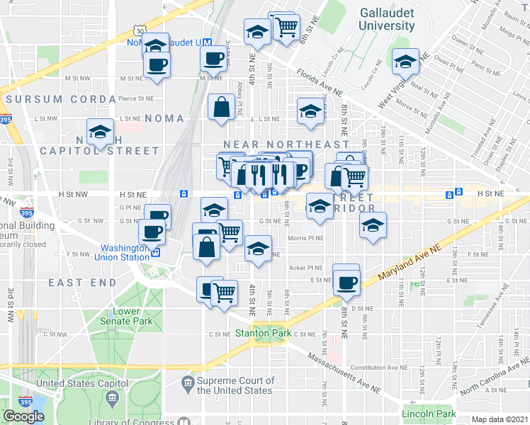 map of restaurants, bars, coffee shops, grocery stores, and more near 718 5th Street Northeast in Washington