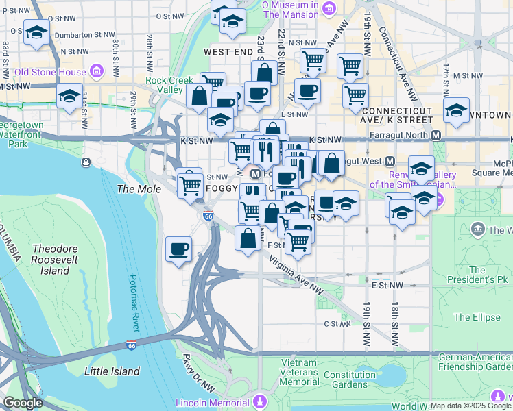 map of restaurants, bars, coffee shops, grocery stores, and more near 101 Independence Avenue Southeast in Washington