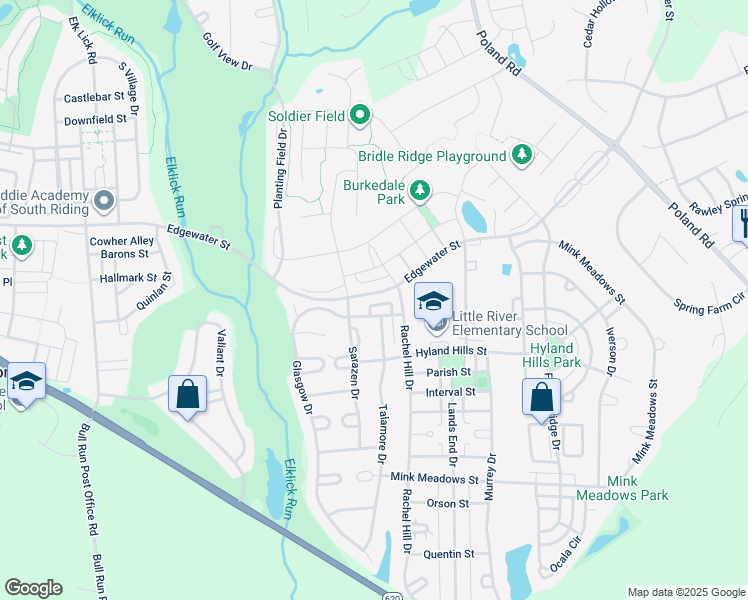 map of restaurants, bars, coffee shops, grocery stores, and more near 43401 Edgewater Street in Chantilly