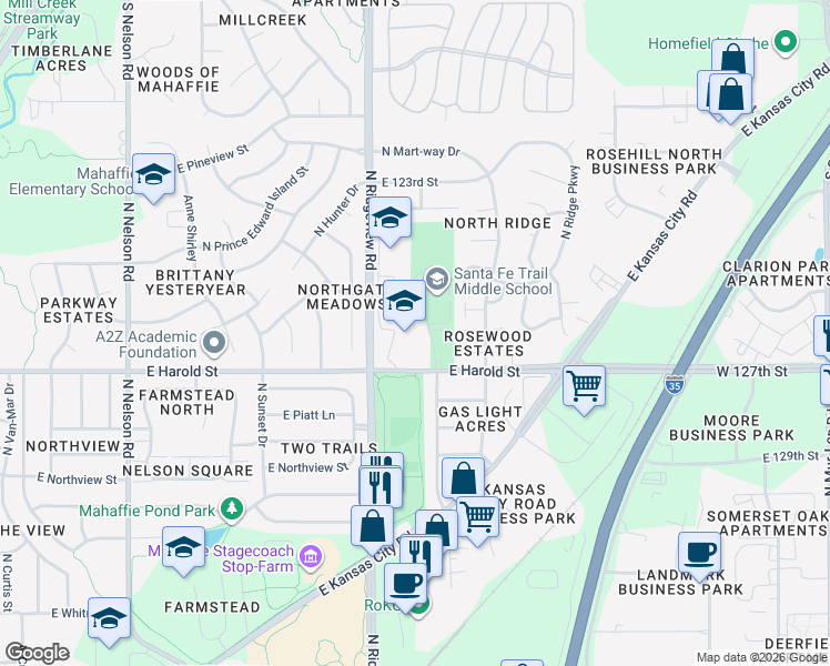 map of restaurants, bars, coffee shops, grocery stores, and more near 1100 N Ridgeview Rd in Olathe