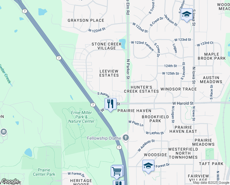 map of restaurants, bars, coffee shops, grocery stores, and more near 1200 North Leeview Drive in Olathe