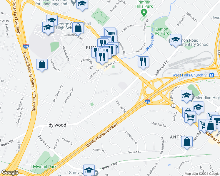 map of restaurants, bars, coffee shops, grocery stores, and more near 2264 Cartbridge Road in Falls Church