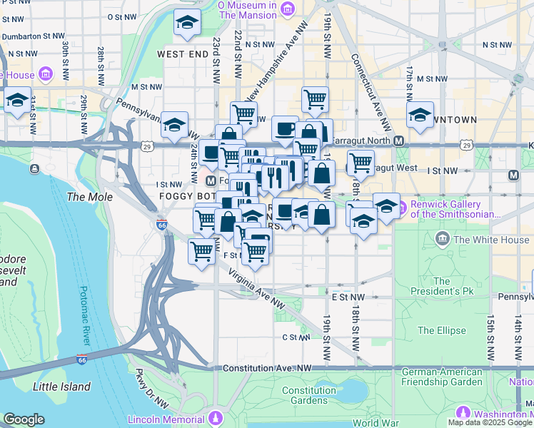 map of restaurants, bars, coffee shops, grocery stores, and more near 730 21st Street Northwest in Washington