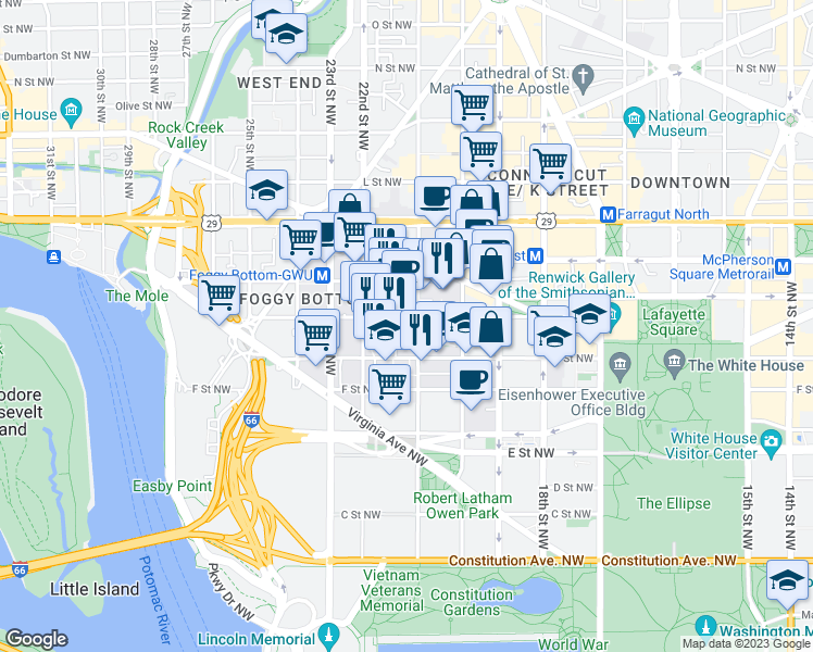 map of restaurants, bars, coffee shops, grocery stores, and more near 730 21st Street Northwest in Washington