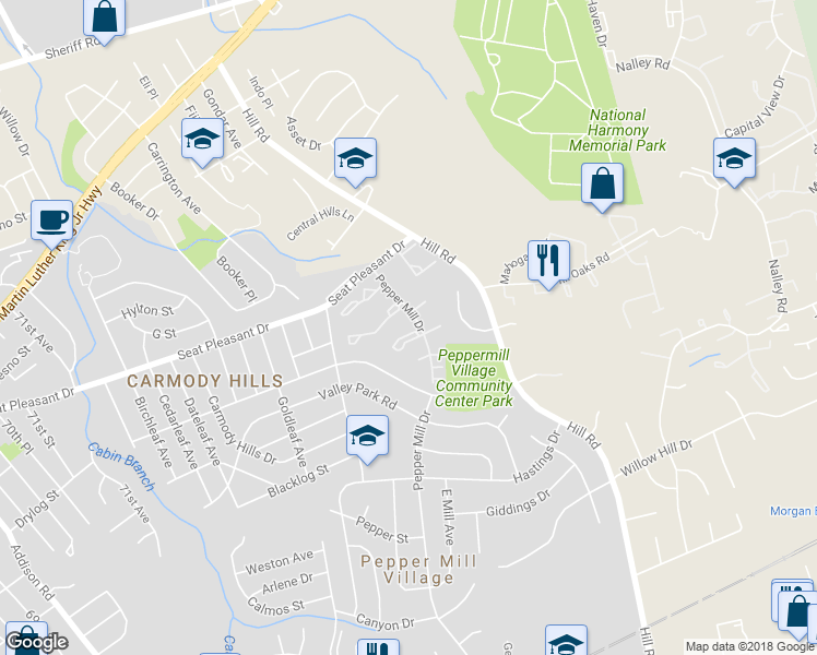 map of restaurants, bars, coffee shops, grocery stores, and more near 6938 Malachite Pl in Capitol Heights