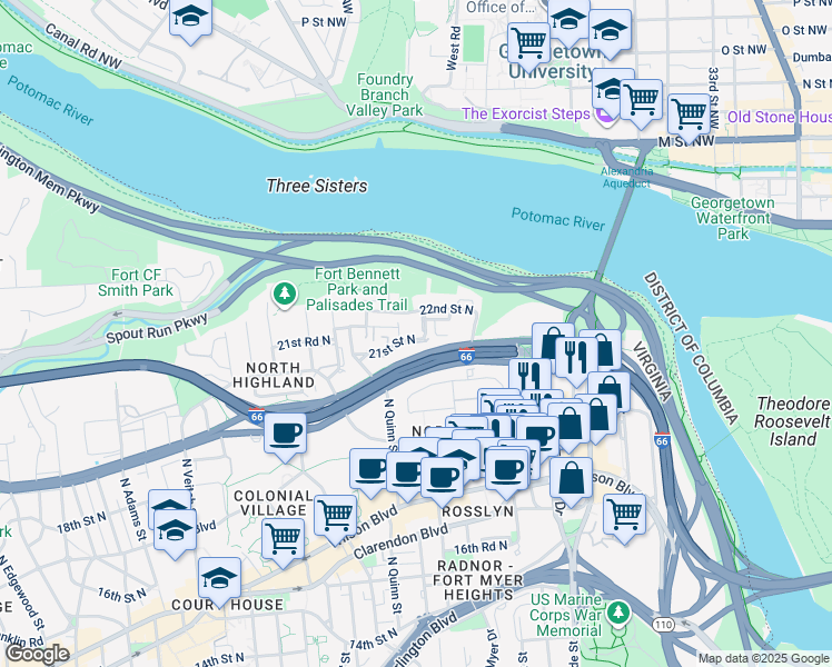 map of restaurants, bars, coffee shops, grocery stores, and more near 2100 North Pierce Street in Arlington