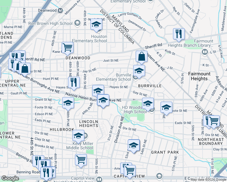 map of restaurants, bars, coffee shops, grocery stores, and more near 734 51st Street Northeast in Washington