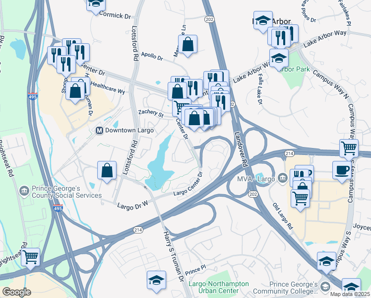map of restaurants, bars, coffee shops, grocery stores, and more near 9601 Lake Point Court in Upper Marlboro
