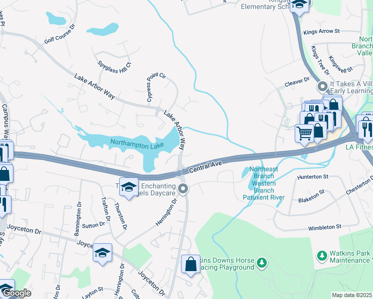 map of restaurants, bars, coffee shops, grocery stores, and more near 11408 Lake Arbor Way in Bowie