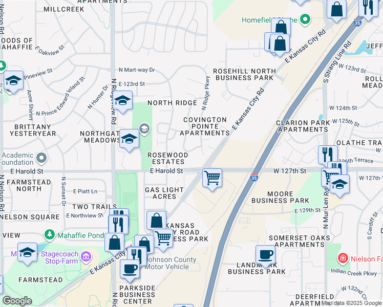 map of restaurants, bars, coffee shops, grocery stores, and more near 1251c Petzold Drive in Olathe