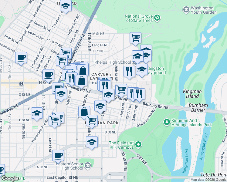map of restaurants, bars, coffee shops, grocery stores, and more near 1919 Bennett Place Northeast in Washington