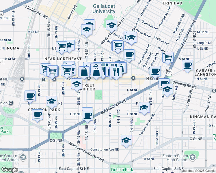 map of restaurants, bars, coffee shops, grocery stores, and more near 714 11th Street Northeast in Washington