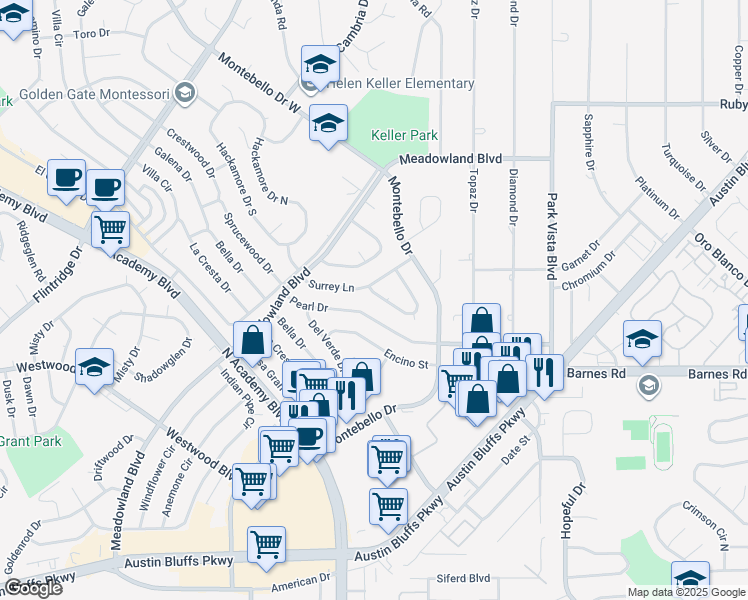 map of restaurants, bars, coffee shops, grocery stores, and more near 3845 Fetlock Circle in Colorado Springs