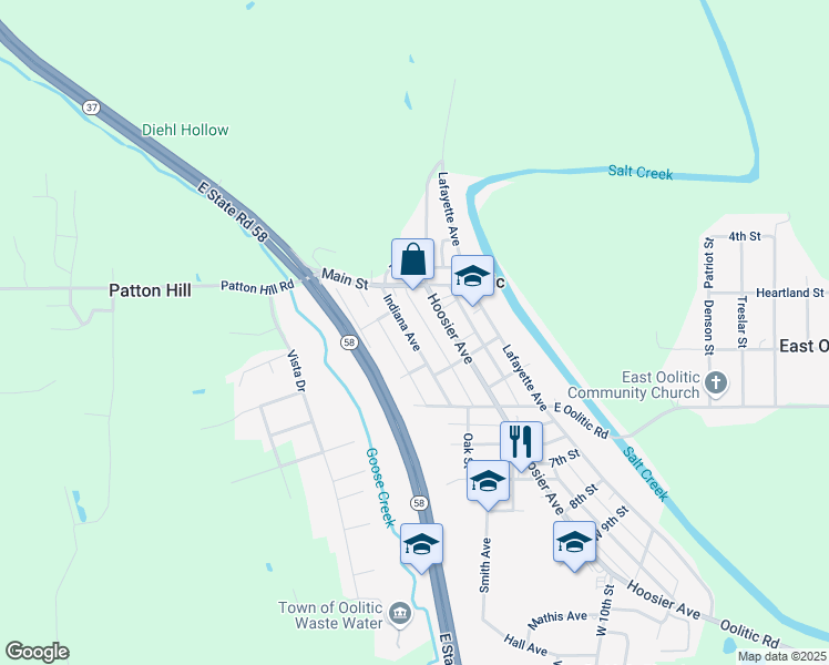 map of restaurants, bars, coffee shops, grocery stores, and more near 222 Indiana Avenue in Oolitic
