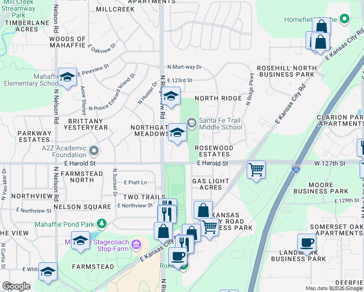 map of restaurants, bars, coffee shops, grocery stores, and more near 1100 North Ridgeview Road in Olathe