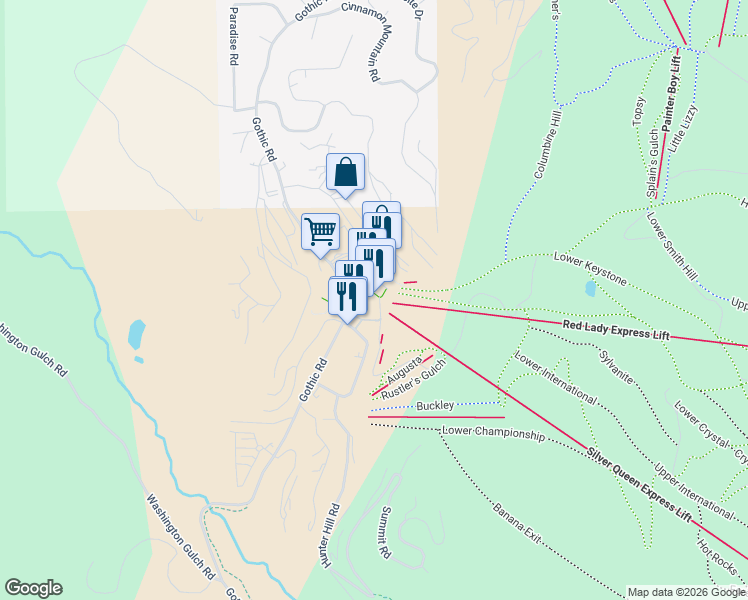 map of restaurants, bars, coffee shops, grocery stores, and more near 1349 Crested Butte Way in Crested Butte