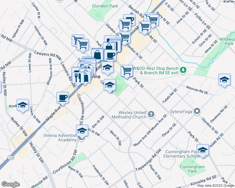 map of restaurants, bars, coffee shops, grocery stores, and more near 300 Center Street South in Vienna