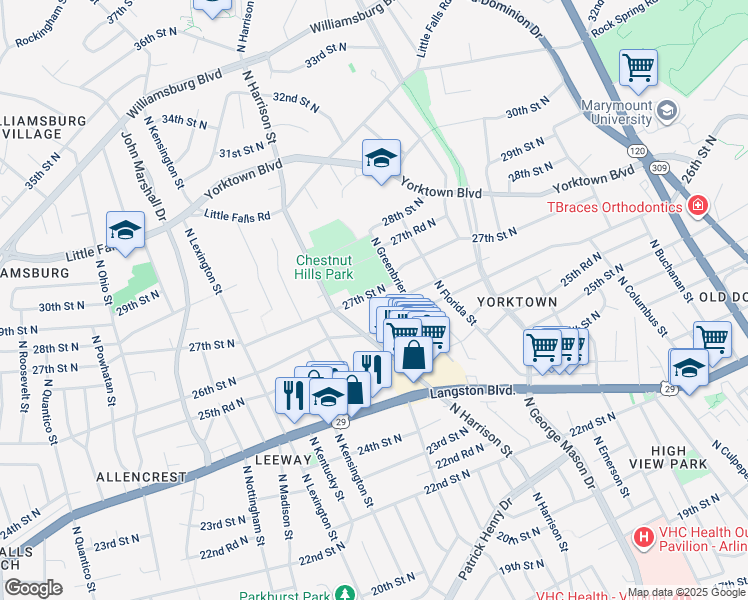 map of restaurants, bars, coffee shops, grocery stores, and more near 5324 27th Street North in Arlington