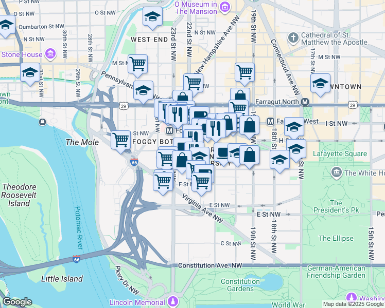 map of restaurants, bars, coffee shops, grocery stores, and more near in Washington