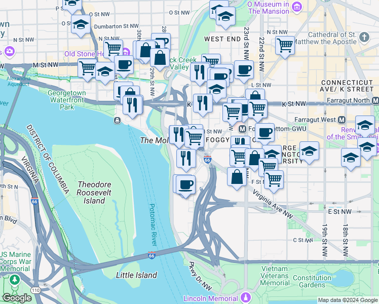 map of restaurants, bars, coffee shops, grocery stores, and more near 2552 Virginia Avenue Northwest in Washington