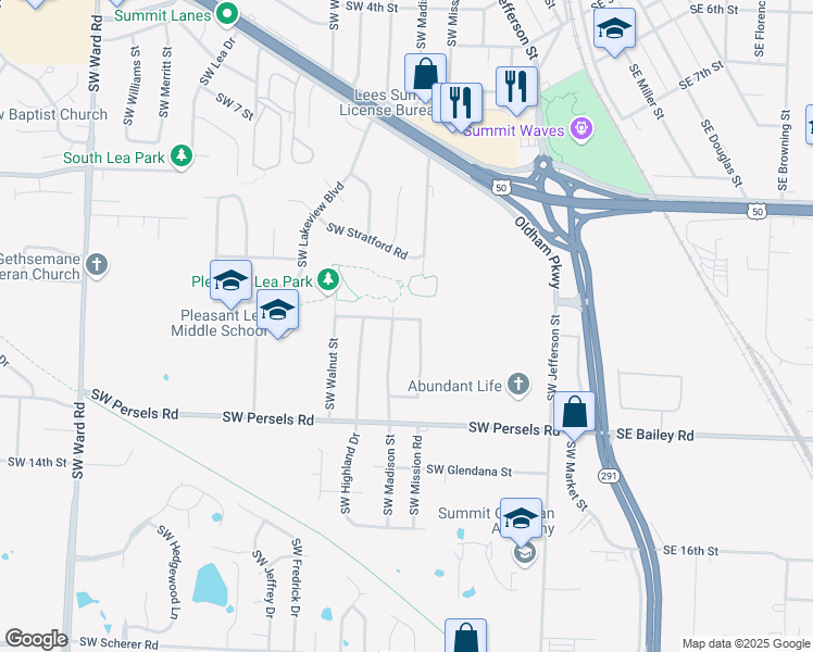 map of restaurants, bars, coffee shops, grocery stores, and more near 507 Southwest Holloway Lane in Lee's Summit