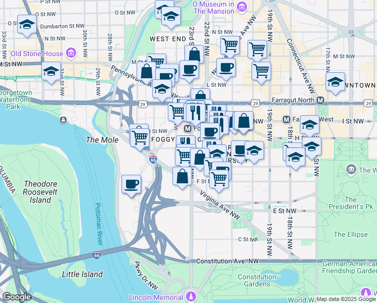 map of restaurants, bars, coffee shops, grocery stores, and more near 2300 H Street Northwest in Washington