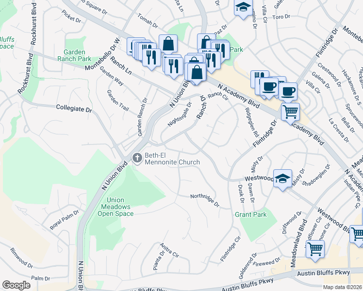 map of restaurants, bars, coffee shops, grocery stores, and more near 4332 Ridgeglen Road in Colorado Springs