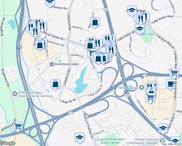 map of restaurants, bars, coffee shops, grocery stores, and more near 9709 Lake Point Court in Upper Marlboro