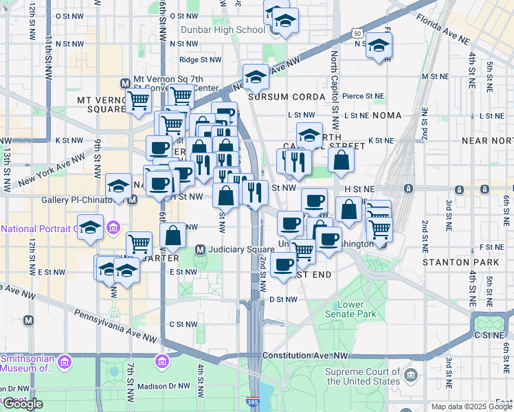 map of restaurants, bars, coffee shops, grocery stores, and more near 222 Massachusetts Avenue Northwest in Washington
