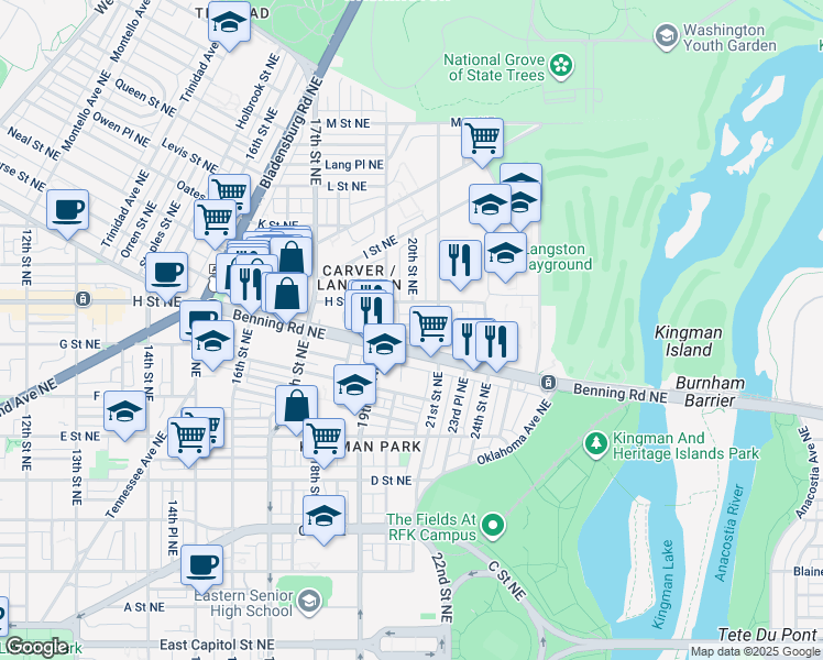 map of restaurants, bars, coffee shops, grocery stores, and more near 1931 Bennett Place Northeast in Washington